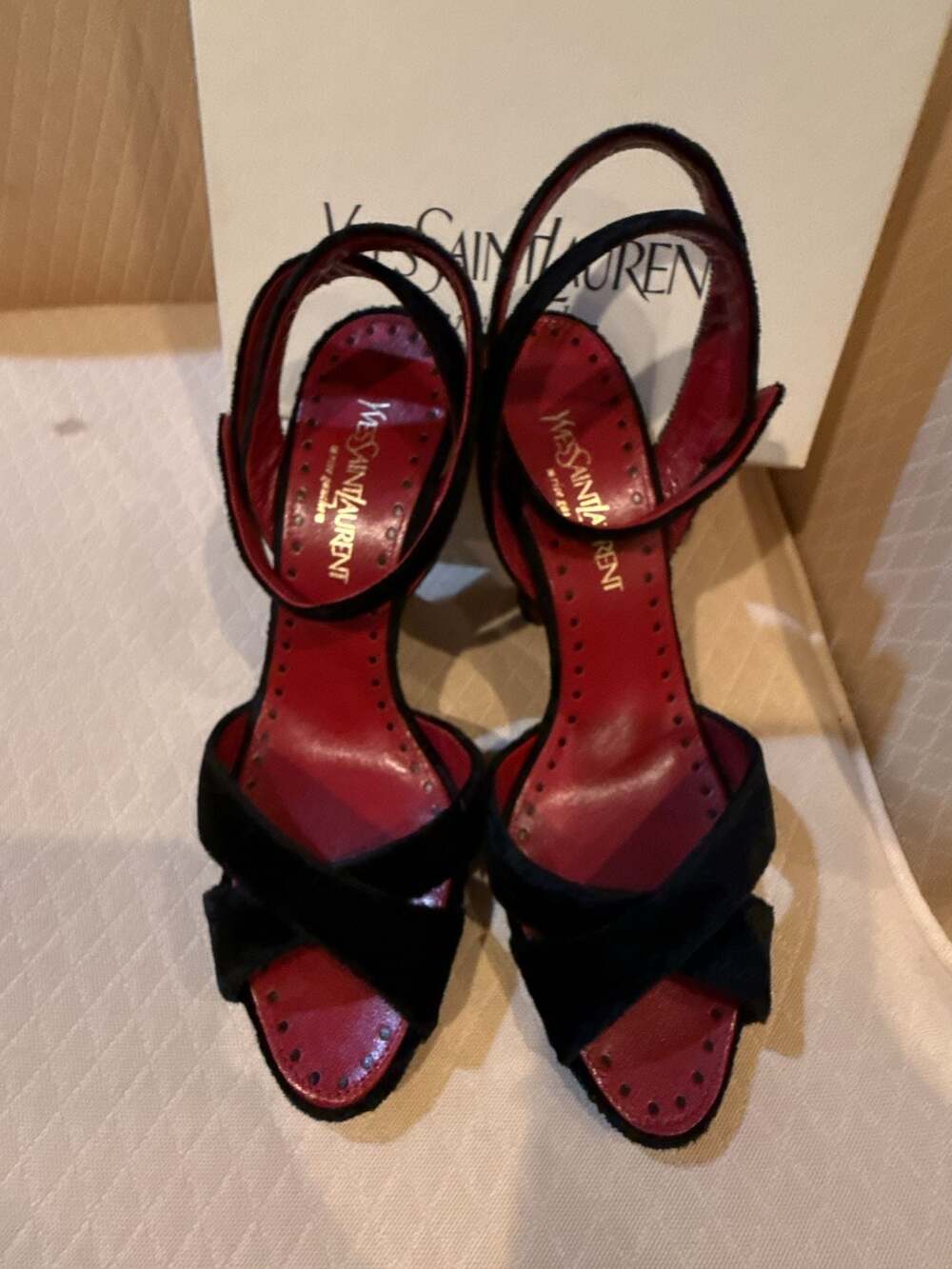 Yves Saint Laurent Rive Gauche Tom Ford Era Black Velvet Red Lacquer Wedge Sanda